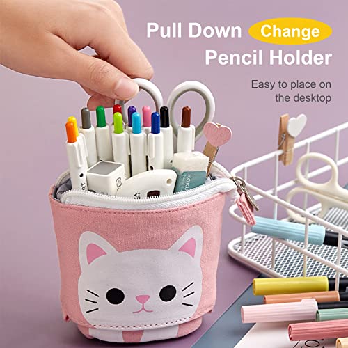 TOYESS Stand Pencil Holder,Telescopic Cartoon Cute Cat Pencil Case Cosmetic Durable Canvas Stationery Makeup Bag for Boys Girls Students and Office Supplies,Pink