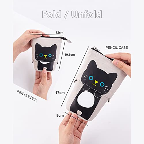 TOYESS Stand Pencil Holder,Telescopic Cartoon Cute Cat Pencil Case Cosmetic Durable Canvas Stationery Makeup Bag for Boys Girls Students and Office Supplies,Pink