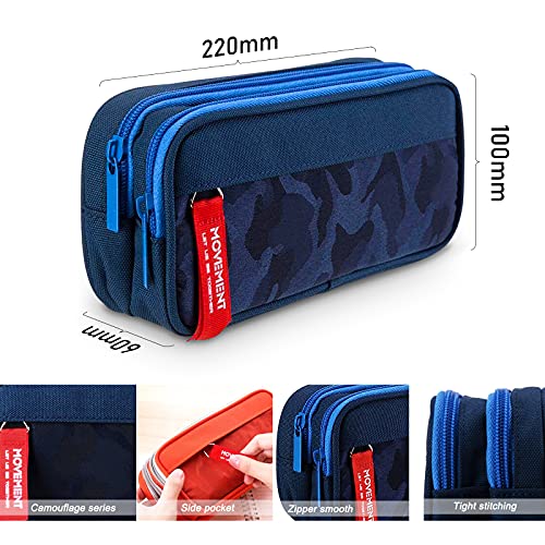 Large Pencil Case for Boys and Girls, TOYESS Lightweight Triple Pockets Pencil Cases with Big Compartments for School Stationary, Camouflage Blue（L）