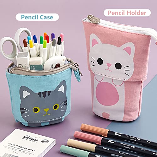 TOYESS Stand Pencil Holder,Telescopic Cartoon Cute Cat Pencil Case Cosmetic Durable Canvas Stationery Makeup Bag for Boys Girls Students and Office Supplies,Pink