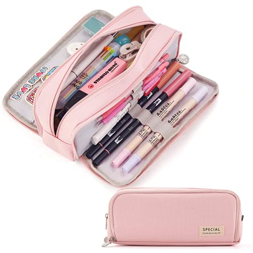 TOYESS Large Capacity Pencil Case for Girls and Boys, Pencil Case with 3 Compartments for Women, Aesthetic Pencil Bag for Kids and Students, Pink