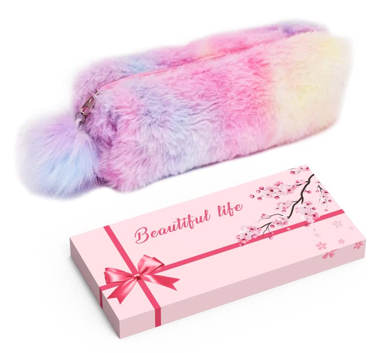Plush Rainbow Pencil Case for Girls Pencil Pouch for Girls Fluffy Pencil Case Cute Rainbow Pencil Holder Soft Pencil Case Fluffy Pencil Bag Makeup Pouch Large Capacity School Supplies for Kids