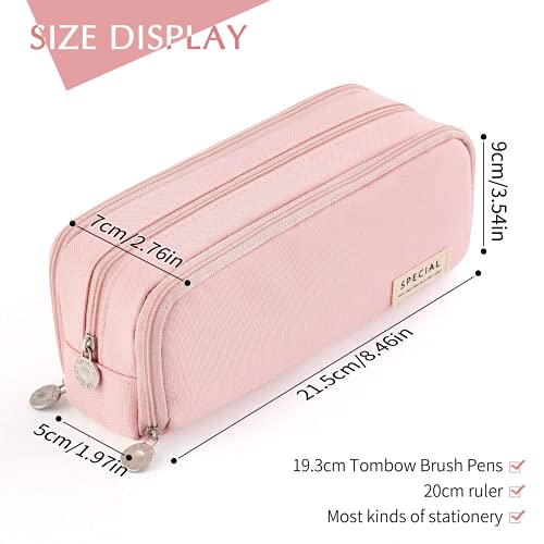 TOYESS Large Capacity Pencil Case for Girls and Boys, Pencil Case with 3 Compartments for Women, Aesthetic Pencil Bag for Kids and Students, Pink