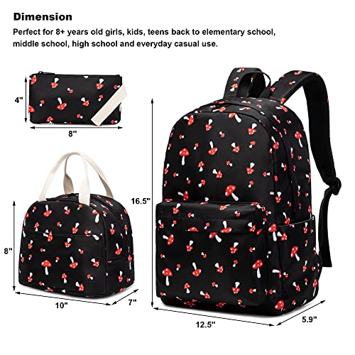 Kouxunt Mushroom Girls School Backpacks for Kids Teens, 3-in-1 School Bag Bookbags Set with Lunch Bag Pencil Case