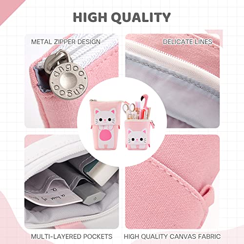 TOYESS Stand Pencil Holder,Telescopic Cartoon Cute Cat Pencil Case Cosmetic Durable Canvas Stationery Makeup Bag for Boys Girls Students and Office Supplies,Pink