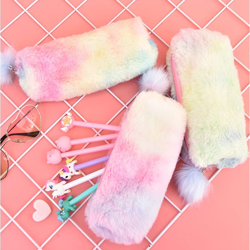 Plush Rainbow Pencil Case for Girls Pencil Pouch for Girls Fluffy Pencil Case Cute Rainbow Pencil Holder Soft Pencil Case Fluffy Pencil Bag Makeup Pouch Large Capacity School Supplies for Kids