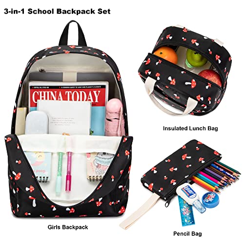 Kouxunt Mushroom Girls School Backpacks for Kids Teens, 3-in-1 School Bag Bookbags Set with Lunch Bag Pencil Case