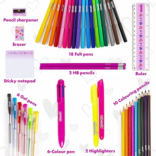 abeec 44 Piece Glitter Pencil Case – Girls Stationery Set Including: Pencil Case, Felt Tip Pens, Colouring Pencils, Gel Pens – Stationary Sets for Girls - Back to School - Cute Gifts for Girls