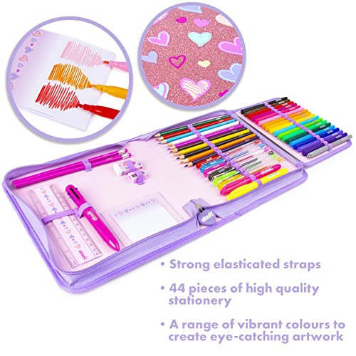 abeec 44 Piece Glitter Pencil Case – Girls Stationery Set Including: Pencil Case, Felt Tip Pens, Colouring Pencils, Gel Pens – Stationary Sets for Girls - Back to School - Cute Gifts for Girls
