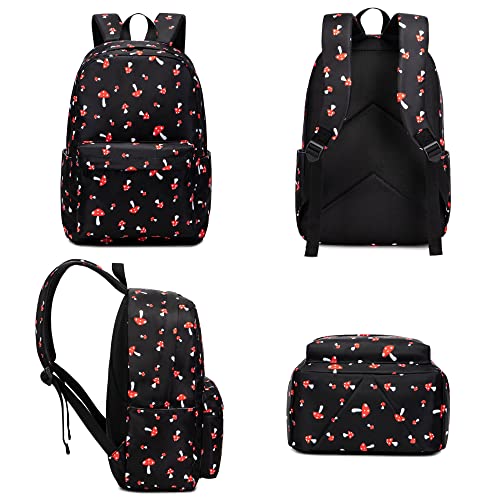 Kouxunt Mushroom Girls School Backpacks for Kids Teens, 3-in-1 School Bag Bookbags Set with Lunch Bag Pencil Case