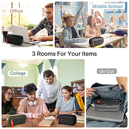 Cooyou Large Capacity Boys Pencil Case, 3 Compartments Pencil Case for Boys and Girls, Smooth Zipper Portable Pencil Pouch Gift, Grey