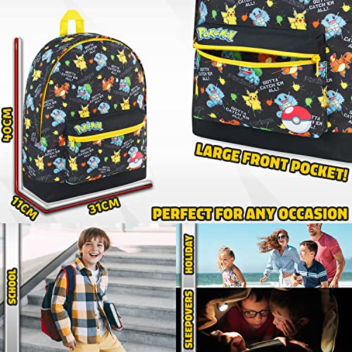 Pokemon Backpack Kids School Bag Boys Girls Teens Pikachu Eevee Pokeball (Black Aop)