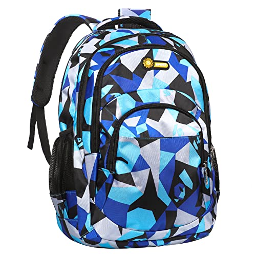 Yordawn Backpack School Bag for Girls Boys Waterproof Backpacks Large Capacity Kids Back Pack with Bottle Pockets Front Pocket Lightweight School Bags for Children Students (Blue + Black)