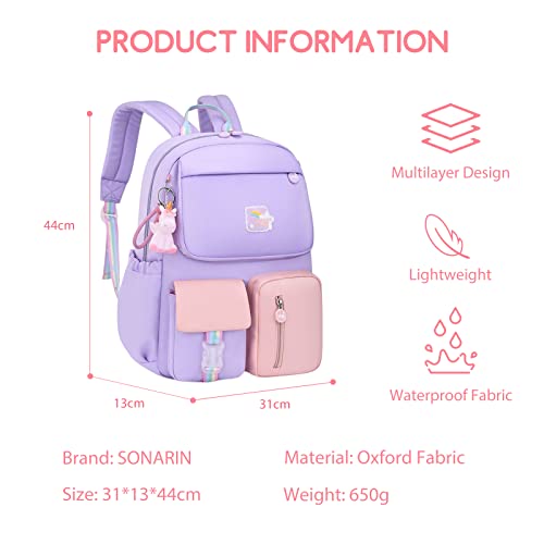 SONARIN Girls Backpack Primary School Bag,Waterproof Lightweight Large Capacity Children Backpack Kids Backpack Elementary School Backpack Girls Schoolbag Book Bag for Students(Purple)