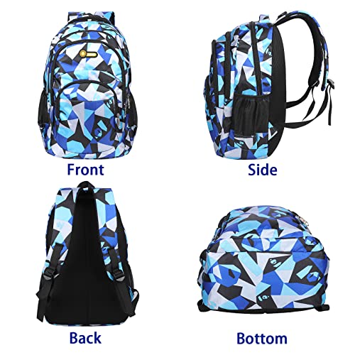 Yordawn Backpack School Bag for Girls Boys Waterproof Backpacks Large Capacity Kids Back Pack with Bottle Pockets Front Pocket Lightweight School Bags for Children Students (Blue + Black)