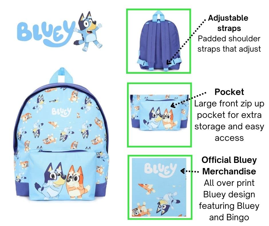 Official Bluey & Bingo Childrens Backpack, Kids Backpack, Schoolbag, Rucksack Blue