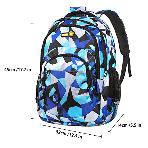 Yordawn Backpack School Bag for Girls Boys Waterproof Backpacks Large Capacity Kids Back Pack with Bottle Pockets Front Pocket Lightweight School Bags for Children Students (Blue + Black)