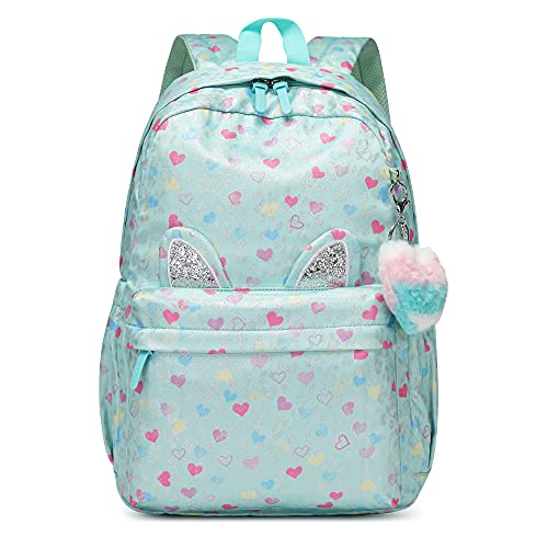 Caran·Y Girls School Backpack, Casual Daypack,Light Preschool Children's School Bag Travel Backpack High Capacity Backpack for Girls Kids Schoolbag (Green Heart)