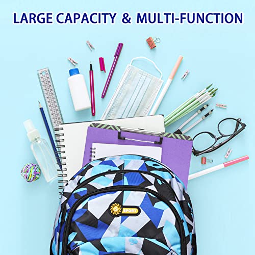 Yordawn Backpack School Bag for Girls Boys Waterproof Backpacks Large Capacity Kids Back Pack with Bottle Pockets Front Pocket Lightweight School Bags for Children Students (Blue + Black)