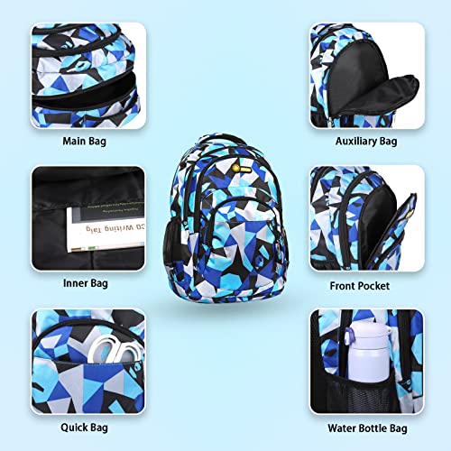 Yordawn Backpack School Bag for Girls Boys Waterproof Backpacks Large Capacity Kids Back Pack with Bottle Pockets Front Pocket Lightweight School Bags for Children Students (Blue + Black)