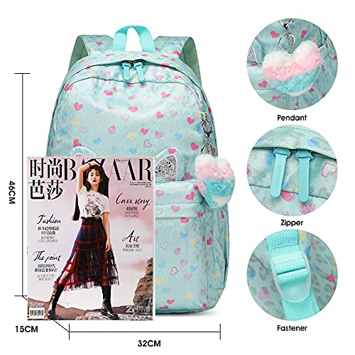 Caran·Y Girls School Backpack, Casual Daypack,Light Preschool Children's School Bag Travel Backpack High Capacity Backpack for Girls Kids Schoolbag (Green Heart)