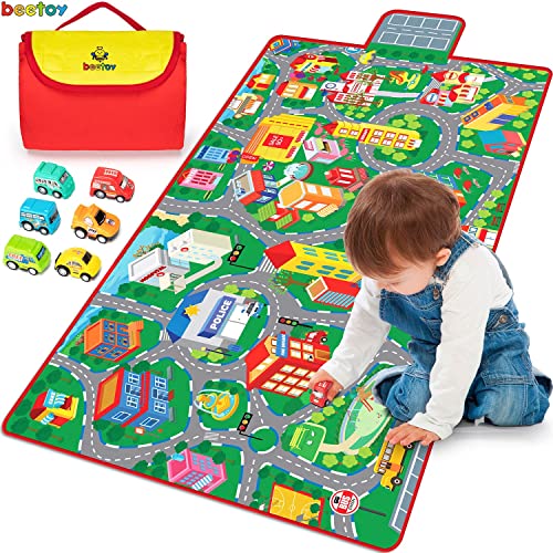 Car Mat for Children, Kids Car Mat for Floor Large Car Play Mats for Kids with 6 Toy Cars Car Rug Play Mat Educational City Road Mat for Toy Cars Play Room Game