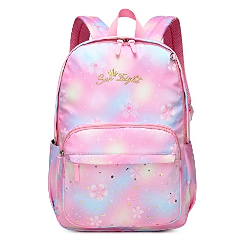 Caran·Y School Bags for Girls Casual Daypack Women Backpack Large Capacity Unisex Student Backpacks Waterproof and Wear-resistant Fabric Backpack for School (Pink Flowers)