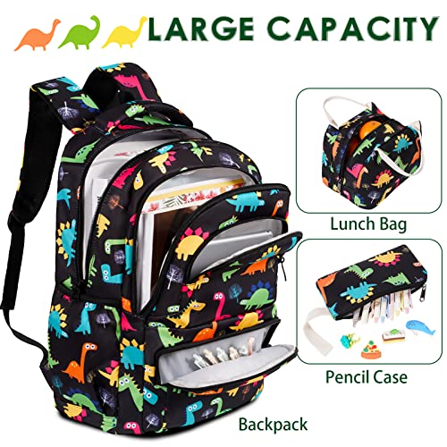 Unineovo Black Backpack for School Kids Elementary Middle School Backpack Bookbag,Girls Lightweight Schoolbag with Lunch Box Pencil Case for Kids Back to School Gifts