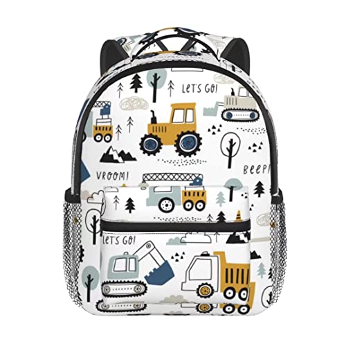 Rxnivry Kids Backpack Boys Cute Car Toddler Preschool 12 inch Bookbags Schoolbag Cartoon Truck Excavator Rucksack With Chest Strap for Kindergarten Boys Girls 3-6
