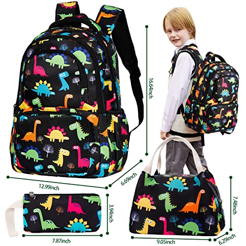 Unineovo Black Backpack for School Kids Elementary Middle School Backpack Bookbag,Girls Lightweight Schoolbag with Lunch Box Pencil Case for Kids Back to School Gifts