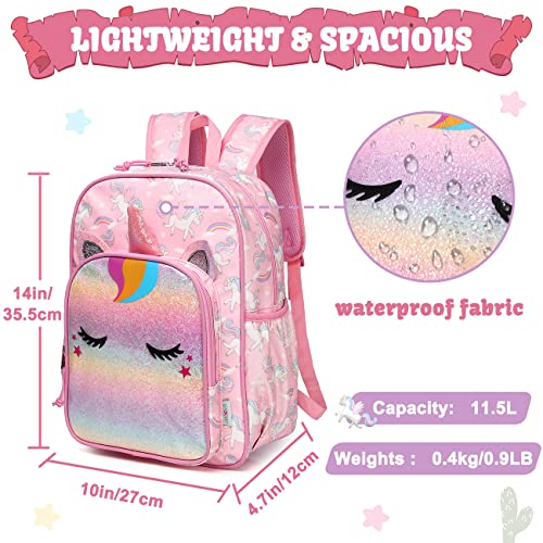 VASCHY Girls Backpack, 11.5L Lightweight School Bag for Kids Water Resistant Toddler Backpack with Reflective Chest Strap Children's Rucksack with Bottle Pockets for Kindergarten(Rainbow Unicorn)