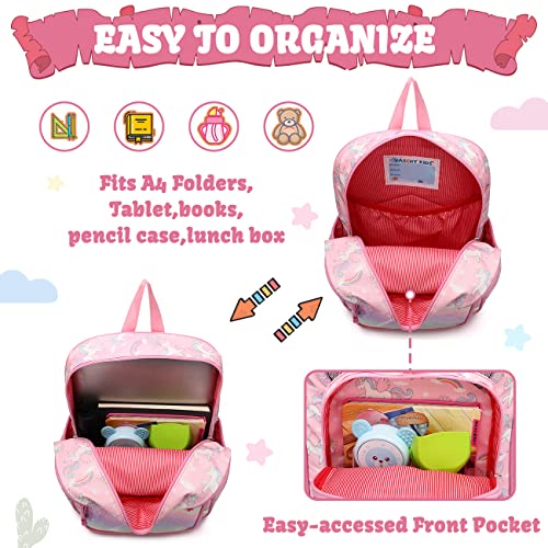 VASCHY Girls Backpack, 11.5L Lightweight School Bag for Kids Water Resistant Toddler Backpack with Reflective Chest Strap Children's Rucksack with Bottle Pockets for Kindergarten(Rainbow Unicorn)