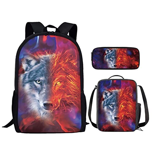 HELLHERO Wolf Backpack Galaxy School Bag Set 3 In 1 Student Bookbag for Kids Boys Girls Schoolbag Preschool Kindergarten Elementary Rucksack Holiday Weekend Daypack