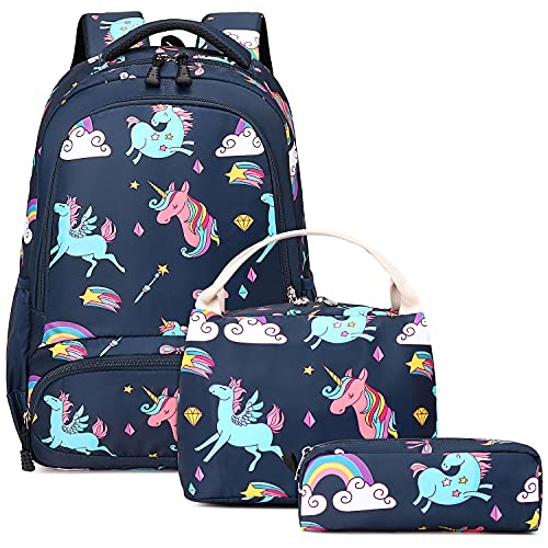 A AM SeaBlue School Bag for Girls Backpack Cute Unicorn Bookbag Childrens Backpack Kids SchoolBag Set with Lunch Bag and Pen Bag,Navy One Size