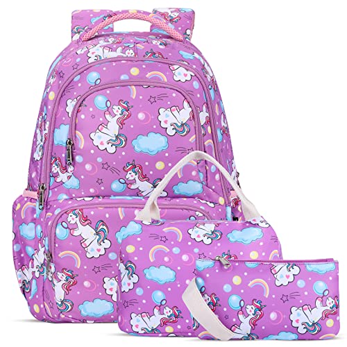 SAMIT School Bag School Backpack for Girl Kid Backpack Unicorn Backpack Rucksack Books Bag with Lunch Bag and Pencil Case for Elementary(3 in 1 Backpack Set)