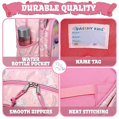 VASCHY Girls Backpack, 11.5L Lightweight School Bag for Kids Water Resistant Toddler Backpack with Reflective Chest Strap Children's Rucksack with Bottle Pockets for Kindergarten(Rainbow Unicorn)