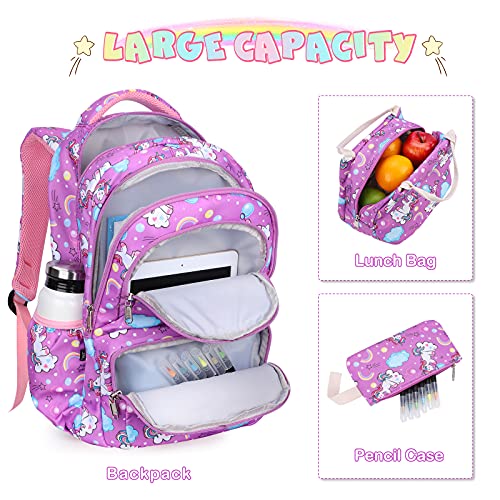 SAMIT School Bag School Backpack for Girl Kid Backpack Unicorn Backpack Rucksack Books Bag with Lunch Bag and Pencil Case for Elementary(3 in 1 Backpack Set)