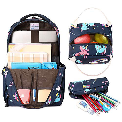 A AM SeaBlue School Bag for Girls Backpack Cute Unicorn Bookbag Childrens Backpack Kids SchoolBag Set with Lunch Bag and Pen Bag,Navy One Size