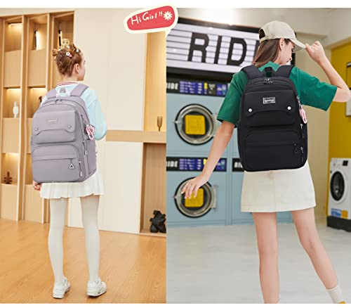 Solid Color School-Bags Backpacks for Teens Girls, Multi-pocket Elementary Girls Bookbags,Lightweight Casual Daypack