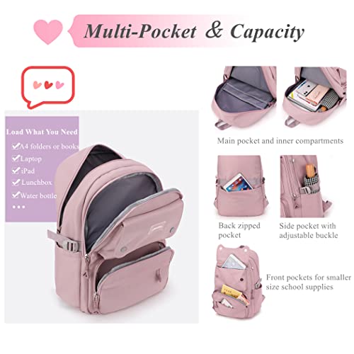 Solid Color School-Bags Backpacks for Teens Girls, Multi-pocket Elementary Girls Bookbags,Lightweight Casual Daypack