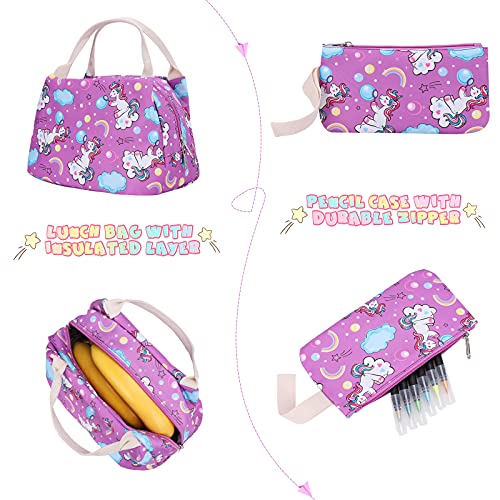 SAMIT School Bag School Backpack for Girl Kid Backpack Unicorn Backpack Rucksack Books Bag with Lunch Bag and Pencil Case for Elementary(3 in 1 Backpack Set)