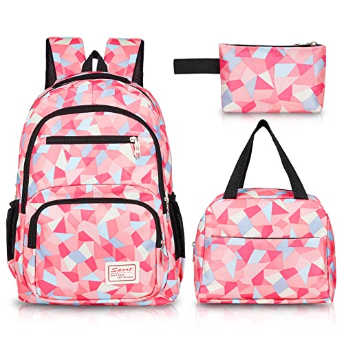 Sarmeley Backpack School Bag Lightweight for Girls Boys, 3 in 1 Book Bag Set Large Capacity, Waterproof Rucksack with Lunch Bag and Pencil Case for Kids Children Students Teenagers, Pink