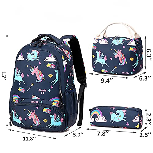 A AM SeaBlue School Bag for Girls Backpack Cute Unicorn Bookbag Childrens Backpack Kids SchoolBag Set with Lunch Bag and Pen Bag,Navy One Size