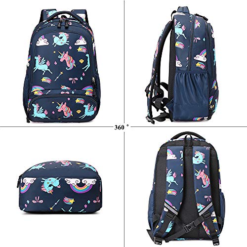 A AM SeaBlue School Bag for Girls Backpack Cute Unicorn Bookbag Childrens Backpack Kids SchoolBag Set with Lunch Bag and Pen Bag,Navy One Size