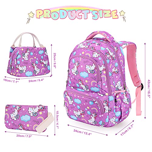 SAMIT School Bag School Backpack for Girl Kid Backpack Unicorn Backpack Rucksack Books Bag with Lunch Bag and Pencil Case for Elementary(3 in 1 Backpack Set)