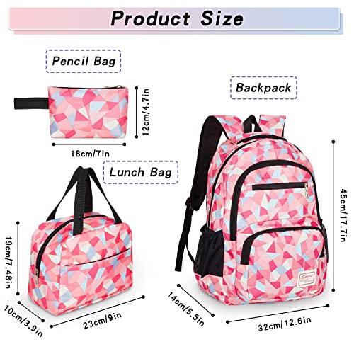 Sarmeley Backpack School Bag Lightweight for Girls Boys, 3 in 1 Book Bag Set Large Capacity, Waterproof Rucksack with Lunch Bag and Pencil Case for Kids Children Students Teenagers, Pink