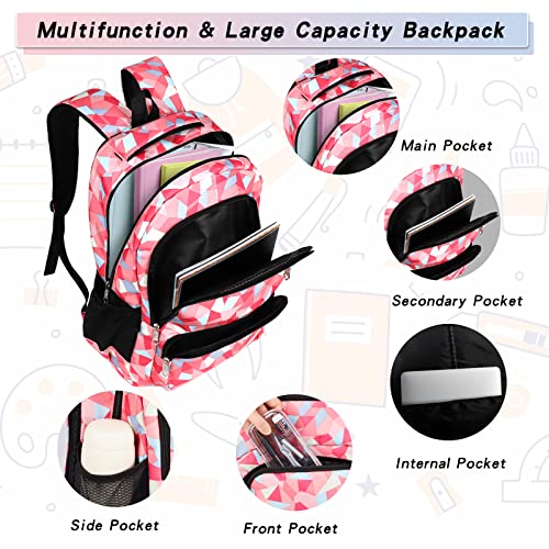Sarmeley Backpack School Bag Lightweight for Girls Boys, 3 in 1 Book Bag Set Large Capacity, Waterproof Rucksack with Lunch Bag and Pencil Case for Kids Children Students Teenagers, Pink