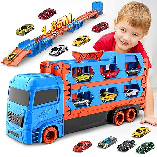 VATOS Transport Truck Toys Cars for Boys Ages 3 4 5 6, Portable Race Track Truck Toy Car with 6 Race Cars, Best Gift Carrier Truck Vehicles Toys Set for Kids