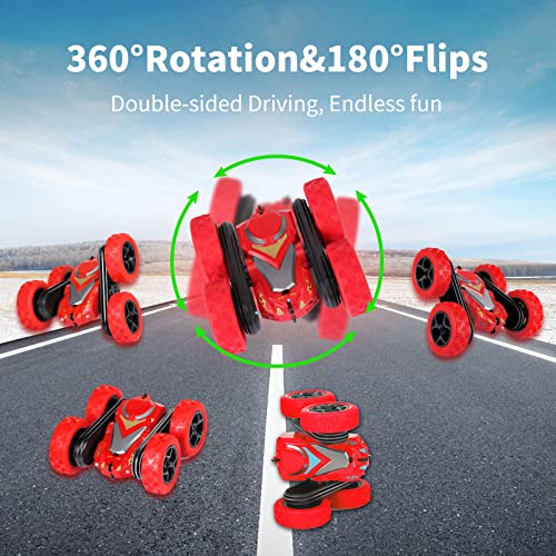 Remote Control Cars, RC Stunt Car Toys for Girls Boys Age 5 6 7 8 9 10, 2.4Ghz Double Sided 360° Flips Rotating 4WD Off Road Racing RC Car, Perfect Kids Toys Gifts on Birthday Christmas (Red)