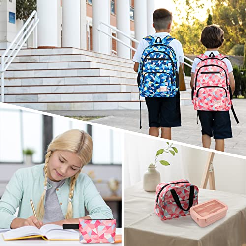 Sarmeley Backpack School Bag Lightweight for Girls Boys, 3 in 1 Book Bag Set Large Capacity, Waterproof Rucksack with Lunch Bag and Pencil Case for Kids Children Students Teenagers, Pink